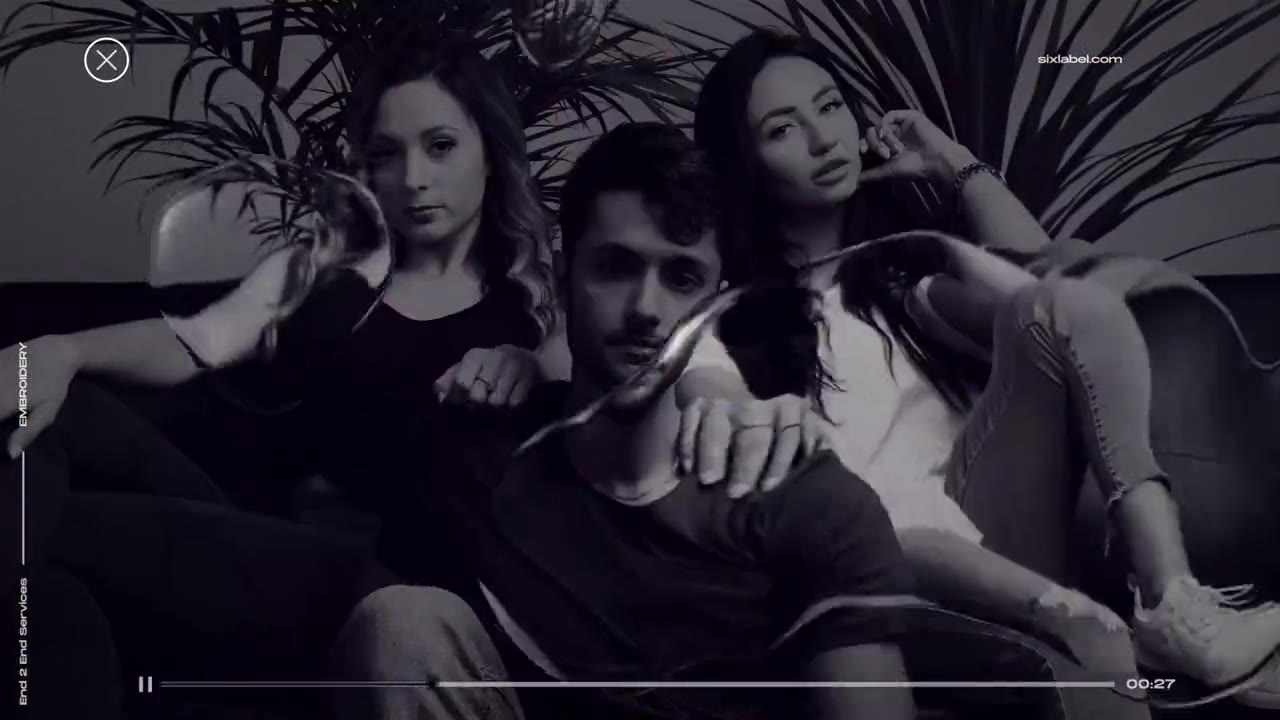 Still from a monochrome and purple Six Label brand awareness motion piece.